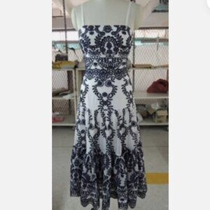 NEW ONE OF A KIND SAMPLE DESIGNER Embroidered Chiffon Navy/White Midi Dress